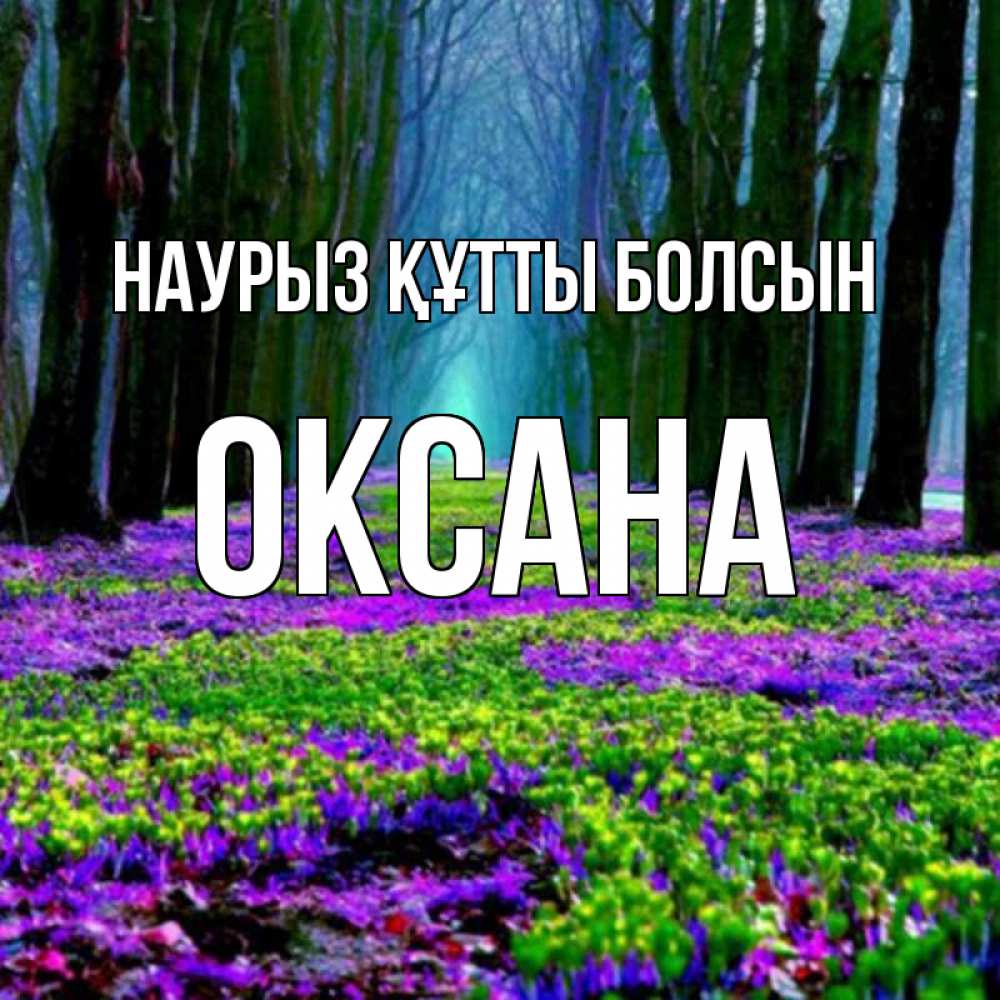 Открытка на каждый день с именем, Оксана Наурыз құтты болсын фиолетовые цветы в лесу 1 Прикольная открытка с пожеланием онлайн скачать бесплатно 
