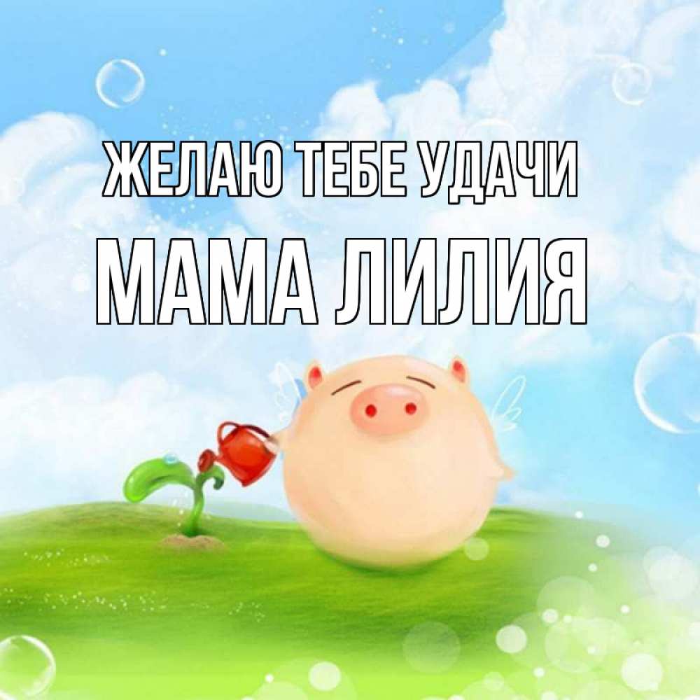 Открытка на каждый день с именем, Мама-Лилия Желаю тебе удачи поросенок поливает цветок. летнее настроение Прикольная открытка с пожеланием онлайн скачать бесплатно 