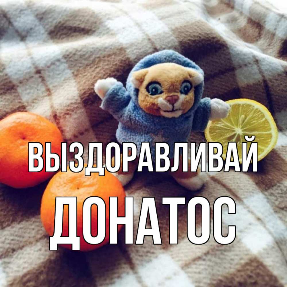 Открытка на каждый день с именем, Донатос Выздоравливай вот тебе апельсинка и лимон Прикольная открытка с пожеланием онлайн скачать бесплатно 